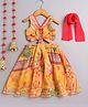 Many frocks & Blended Woven Sleeveless Floral Printed Gota Lace Embellished Coordinating Lehenga Choli With Dupatta Set - Mustard