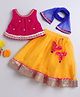Many Frocks & velvet and net sleeveless lace and latkan beads embellished  Navratri lehenga choli dupatta set- Pink & Yellow