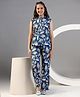 Fashion Dream Cotton Blend Knit Sleeveless Floral Printed Coordinating Mandarin Collar Top & Pant Set - Blue