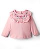 Babyhug 100% Cotton Knit Full Sleeves Top with Floral Embroidery & & Frill Detailing - Pink