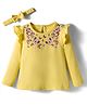 Babyhug 100% Cotton Knit Top & Hairband with Butterfly Print & Frill Detailing - Yellow