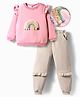 Mark & Mia Full Sleeves Winter Wear Sweatshirt & Pant Set with Rainbow Applique & Frill Detailing - Pink
