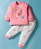 Zero Sinker Knit Full Sleeves Night Suit With Animal Print - Pink & White