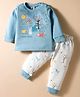 Zero Sinker Knit Full Sleeves Night Suit with Animal Print - Blue & White