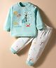 Zero Sinker Knit Full Sleeves Night Suit with Animal Print - Aqua Blue & White