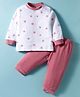 Zero Interlock Knit Full Sleeves Interlock T-Shirt & Joggers Set with Floral Print & Embroidery - White & Rose Gold