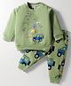Zero Fleece Knit Full Sleeves Fleece Winter Wear Suit with Vehicle Print - Olive Green