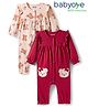 Babyoye 100% Cotton Knit with Eco Jiva Finish Full Sleeves Front Open Romper with Teddy Print & Patch Frill Detailing & Bow Applique - Dark Red & Light Pink