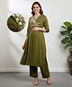 Bella Mama Woven Three Fourth Sleeves With Embroidered Yoke Maternity Suit Set - Green