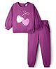Babyhug Terry Knit Full Volume Sleeves Top & Lounge Pant Set with Back Snap Button & Sequin Cherry Print - Purple