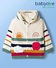 Babyoye Knit Full Sleeves Front Open Hooded Sweater with Stripes Sun & Rainbow Design - White