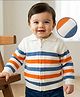 Babyoye 100% Cotton Knit Full Sleeves Front Open Sweater with Stripes - White