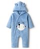 Kanvin Fur Knit Full Sleeves Hooded Winter Romper With Ear Applique & Bear Patch Embroidery - Light Blue