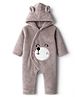 Kanvin Fur Knit Full Sleeves Hooded Winter Romper With Ear Applique & Bear Patch Embroidery - Grey