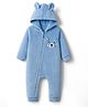 Kanvin Fur Knit Full Sleeves Hooded Winter Romper With Ear Applique & Bear Patch Embroidery - Light Blue