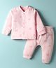 I Bears Fleece Knit Full Sleeves Winter Wear Front Open T-Shirt & Lounge Pant Co-Ord Set With Teddy Bear Print - Baby Pink