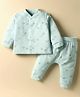I Bears Fleece Knit Full Sleeves Winter Wear Front Open T-Shirt & Lounge Pant Co-Ord Set With Elephant Print - Turquoise