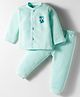 Little Darlings Cotton Knit Full Sleeves Front Open Thermal Vest & Pant Set with Bear Print - Aqua Blue