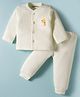 Little Darlings Cotton Knit Full Sleeves Front Open Thermal Vest & Pant Set with Penguin Print - Cream