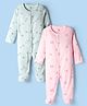 I Bears Interlock Knit Full Sleeves Footed Sleep Suits with Animal Print Pack of 2 - Pink & Sea Green