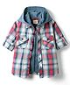 Rikidoos Full Sleeves Checked Shirt With Attached Solid Hooded Tee - Red & Blue