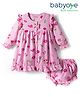 Babyoye 100% Cotton Knit Full Sleeves Floral Printed Front Open Frock with Bloomer - Pink