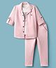 Rikidoos Cord Set Full Sleeves Textured Shirt With Rhinestones Embellished Tee & Pant Set - Baby Pink & White