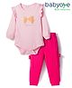 Babyoye 100% Cotton Knit Full Sleeves Onesie & Leggings with Bow Print & Frill Detailing - Pink