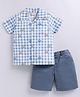 Snuggly MONKEY Cambric Woven Half Sleeves Checked & Cars Printed Shirt With Shorts Set - Blue