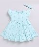 Snuggly MONKEY Seersucker Woven Cap Sleeves Elephants Printed Bow Applique Detailed Tiered Dress With Headband - Sky Blue