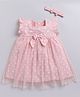 Snuggly MONKEY Poplin Woven Frill Sleeves Polka Dots Printed Bow Applique Detailed Dress With Headband - Peach