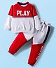 Babyhug Terry Knit Full Doctor Sleeves Cut & Sew Color Block T-Shirt & Joggers Set with Play Text Print - Red & Grey