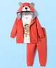 Babyhug Terry Knit Full Sleeves Hooded Jacket with T-Shirt & Joggers Set with Animal Print & Applique - Coral