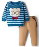 Babyhug Terry Knit Full Sleeves T-Shirt & Trouser Set With Suspender & Bear Patch - Blue