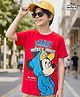 Pine Kids Disney Single Jersey Knit Drop Shoulder Half Sleeves Oversized T-Shirt With Mickey Mouse Graphics - Red