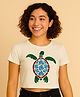 BaawRi Viscose Knit Half Sleeves Turtle Printed Crop Tee - Cream