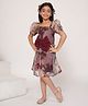 ADORNIA Organza Knit Half Puffed Sleeves Floral Printed Bow Applique Detailed Dress With Hair Clips - Wine
