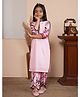 ADORNIA Viscose Knit Three Fourth Sleeves Floral Printed Lace Detailed Kurti Pant With Hair Clip Set - Pink