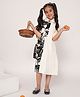 ADORNIA Viscose Rayon Knit Half Bell Sleeves Leaves Printed Cut & Sew Dress With Headband - Black & White