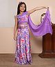 ADORNIA Silk Knit Sleeveless Floral Printed Ready To Wear Attached Dupatta Lehenga Choli With Headband Set - Purple