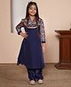 ADORNIA Silk Knit Three Fourth Sleeves Floral Printed & Gota Lace Embellished Kurti Pant With Hair Clip - Blue