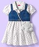 Babyhug Cotton Knit Half Puffed Sleeves Polka Dot Printed Frock with Sling Bag & Jacket - White