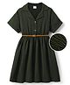 Hola Bonita Woven Half Sleeves Solid Textured Dress With Belt - Olive Green