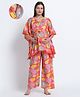 Aujjessa Cotton Woven Half Batwing Sleeves Floral Printed & Lace Detailed Maternity Night Suit Set With Front Zipper Nursing Access - Peach & Multi Colour