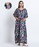 Aujjessa Cotton Woven Half Batwing Sleeves Floral Printed Maternity Nighty With Front Zipper Nursing Access - Indigo & Multi Colour