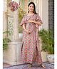 Aujjessa Cotton Woven Half Batwing Sleeves Floral Printed Maternity Nighty With Front Zipper Nursing Access - Grey & Melange