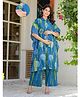 Aujjessa Cotton Woven Half Batwing Sleeves Abstract Printed Maternity Kurti With Front Open Nursing Access & Coordinating Pant Set - Blue & Green