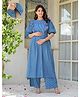 Aujjessa Cotton Woven Half Puffed Sleeves Striped Maternity Kurti With Front Open Nursing Access & Coordinating Pant Set - Indigo Blue