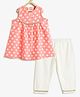 Campana 100% Cotton Woven Sleeveless Floral Printed & Gota Lace Embellished Coordinating Kurti Pant Set - Peach & White