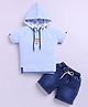 KIDZELLO Cotton Knit Half Sleeves Happy Text Applique Detailed Hooded Tee & Shorts Set - Blue